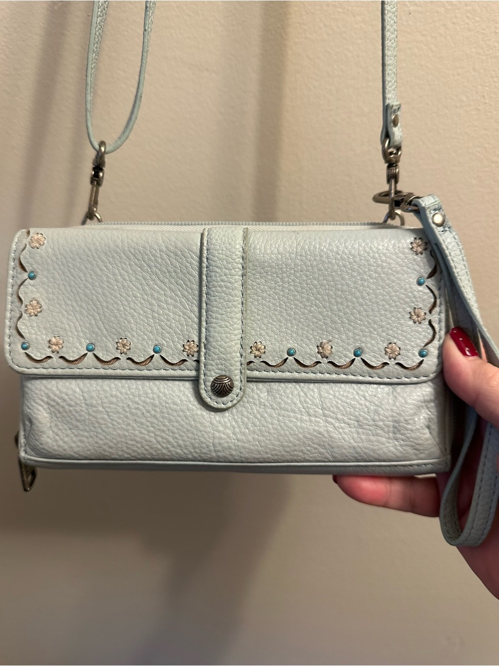 #859 The Sak Light Blue Floral Accent Convertible Crossbody Wallet